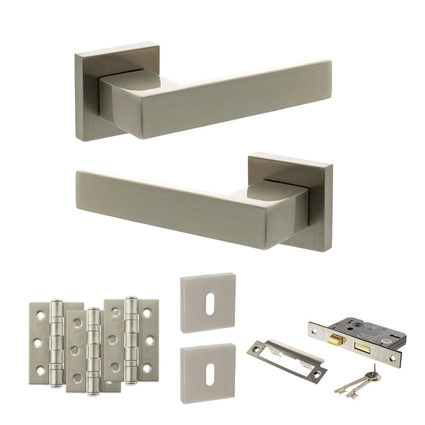 Senza Pari Panetti Door Handle Pack (3 Lever Lock Set - 2.5" CE Sashlock, 3" Fire Rated Hinges x3) - Satin Nickel - ADPSP217SN14 - Choice Handles