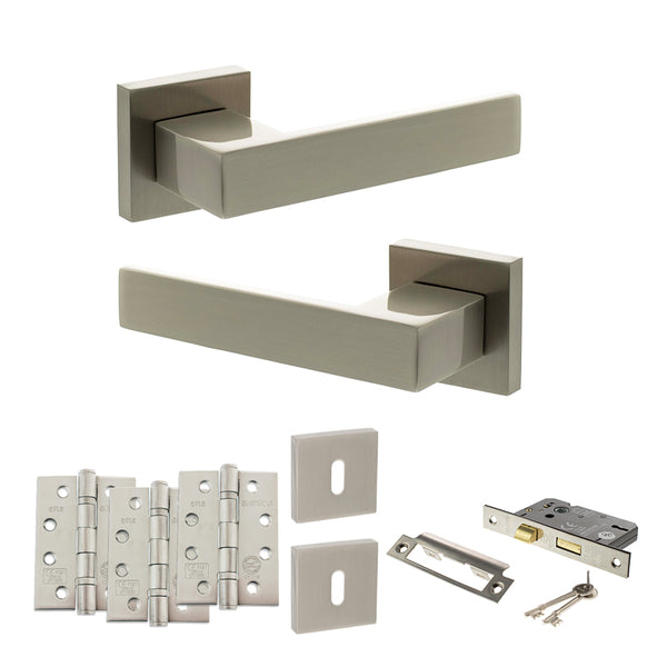 Senza Pari Panetti Door Handle Pack (3 Lever Lock Set - 3" CE Sashlock, 4" Fire Rated Hinges x3) - Satin Nickel - ADPSP217SN17 - Choice Handles