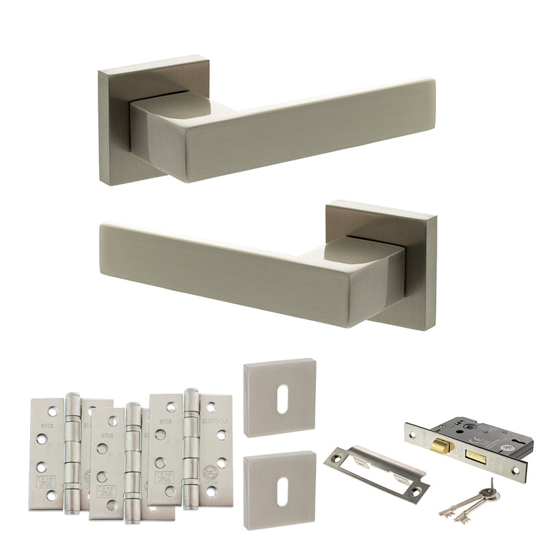 Senza Pari Panetti Door Handle Pack (3 Lever Lock Set - 3" CE Sashlock, 4" Fire Rated Hinges x3) - Satin Nickel - ADPSP217SN17 - Choice Handles