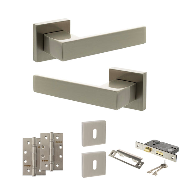 Senza Pari Panetti Door Handle Pack (3 Lever Lock Set - 2.5" CE Sashlock, 4" Slim Knuckle Hinges x2) - Satin Nickel - ADPSP217SN18 - Choice Handles