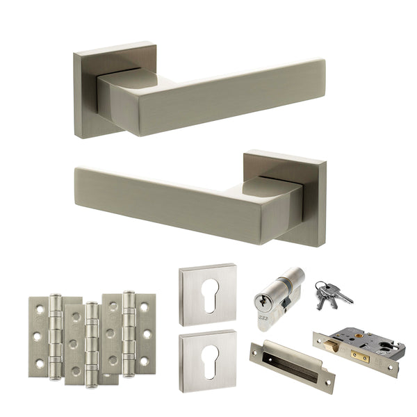 Senza Pari Panetti Door Handle Pack (Euro Lock Set - 2.5" CE Sashlock, 3" Fire Rated Hinges x3) - Satin Nickel - ADPSP217SN20 - Choice Handles