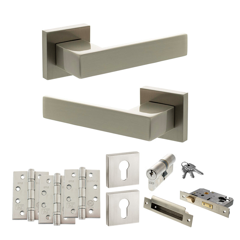 Senza Pari Panetti Door Handle Pack (Euro Lock Set - 2.5" CE Sashlock, 4" Fire Rated Hinges x3) - Satin Nickel - ADPSP217SN22 - Choice Handles