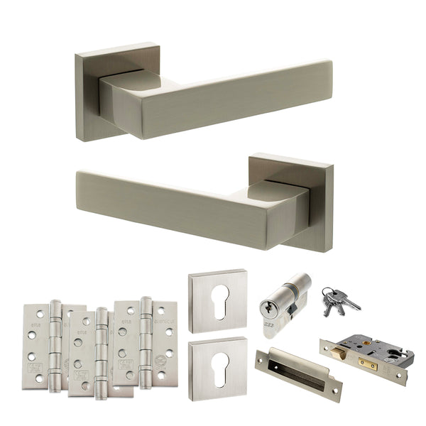 Senza Pari Panetti Door Handle Pack (Euro Lock Set - 3" CE Sashlock, 4" Fire Rated Hinges x3) - Satin Nickel - ADPSP217SN23 - Choice Handles