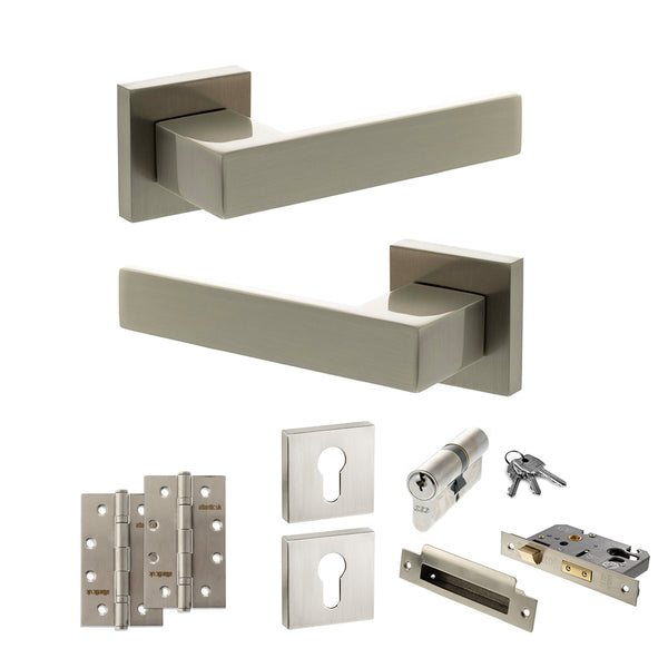 Senza Pari Panetti Door Handle Pack (Euro Lock Set - 2.5" CE Sashlock, 4" Slim Knuckle Hinges x2) - Satin Nickel - ADPSP217SN24 - Choice Handles