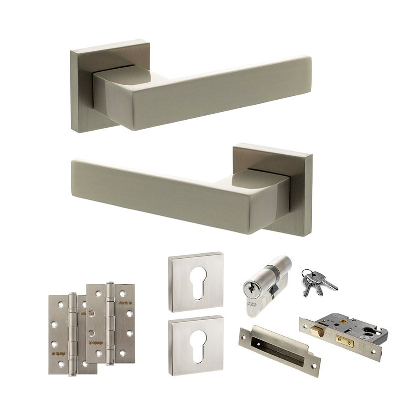 Senza Pari Panetti Door Handle Pack (Euro Lock Set - 2.5" CE Sashlock, 4" Slim Knuckle Hinges x2) - Satin Nickel - ADPSP217SN24 - Choice Handles