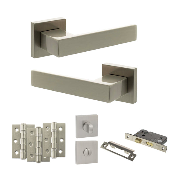 Senza Pari Panetti Door Handle Pack (Bathroom Set - 2.5" CE Bathroom Lock, 3" Fire Rated Hinges x3) - Satin Nickel - ADPSP217SN8 - Choice Handles