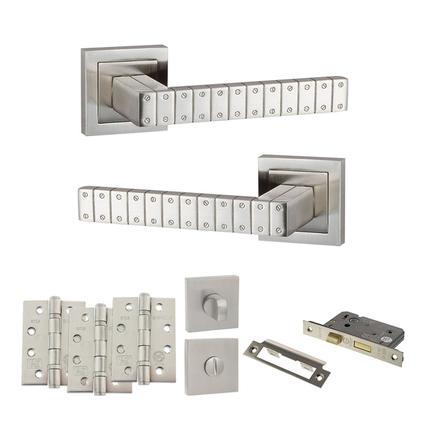 Senza Pari Bianca Door Handle Pack (Bathroom Set - 2.5" CE Bathroom Lock, 4" Fire Rated Hinges x3) - Satin Nickel - ADPSPC193SN10 - Choice Handles