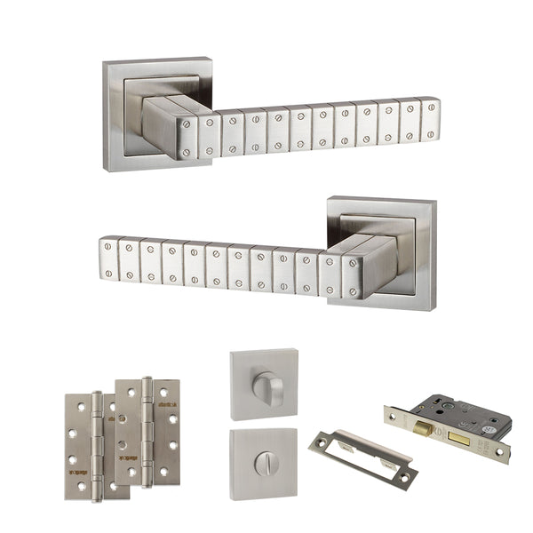 Senza Pari Bianca Door Handle Pack (Bathroom Set - 3" CE Bathroom Lock, 4" Slim Knuckle Hinges x2) - Satin Nickel - ADPSPC193SN13 - Choice Handles