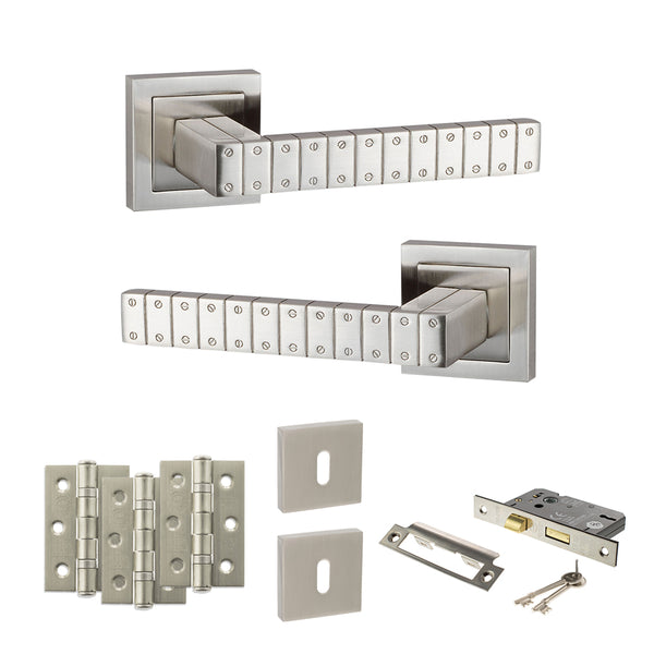 Senza Pari Bianca Door Handle Pack (3 Lever Lock Set - 2.5" CE Sashlock, 3" Fire Rated Hinges x3) - Satin Nickel - ADPSPC193SN14 - Choice Handles