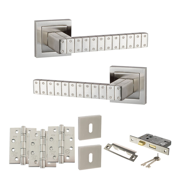 Senza Pari Bianca Door Handle Pack (3 Lever Lock Set - 3" CE Sashlock, 4" Fire Rated Hinges x3) - Satin Nickel - ADPSPC193SN17 - Choice Handles