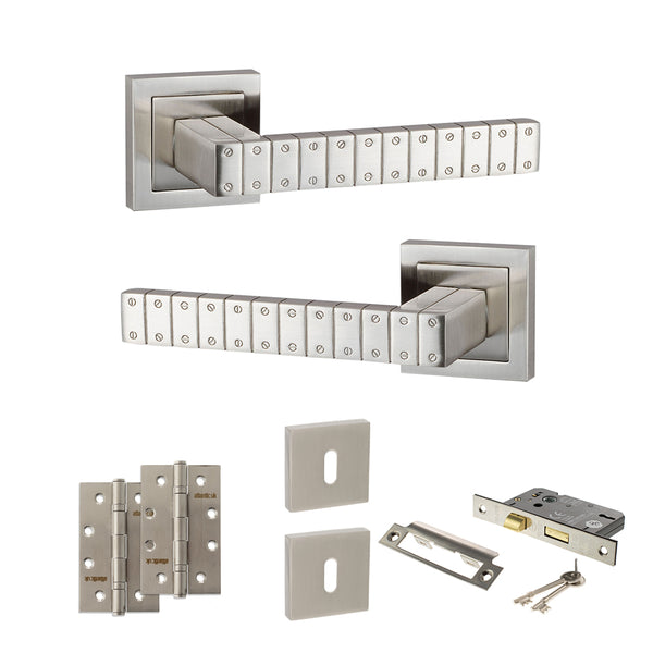 Senza Pari Bianca Door Handle Pack (3 Lever Lock Set - 2.5" CE Sashlock, 4" Slim Knuckle Hinges x2) - Satin Nickel - ADPSPC193SN18 - Choice Handles