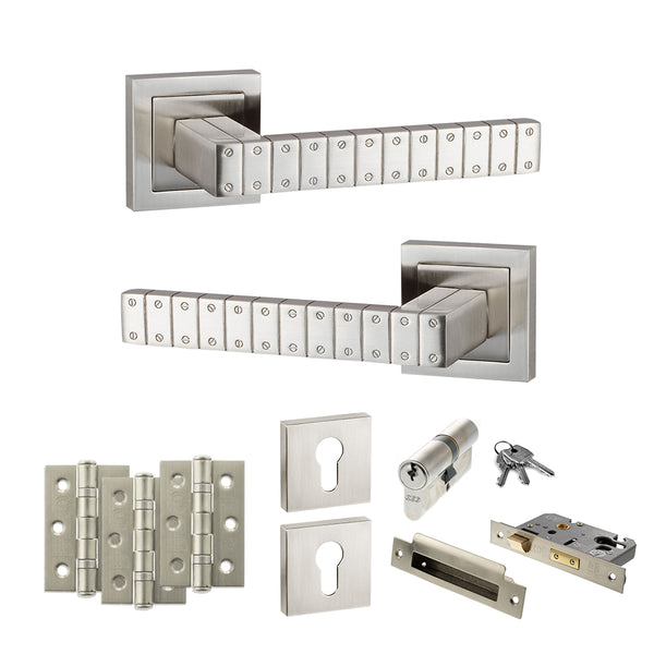 Senza Pari Bianca Door Handle Pack (Euro Lock Set - 3" CE Sashlock, 3" Fire Rated Hinges x3) - Satin Nickel - ADPSPC193SN21 - Choice Handles