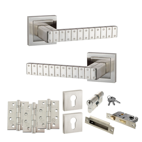 Senza Pari Bianca Door Handle Pack (Euro Lock Set - 3" CE Sashlock, 4" Fire Rated Hinges x3) - Satin Nickel - ADPSPC193SN23 - Choice Handles