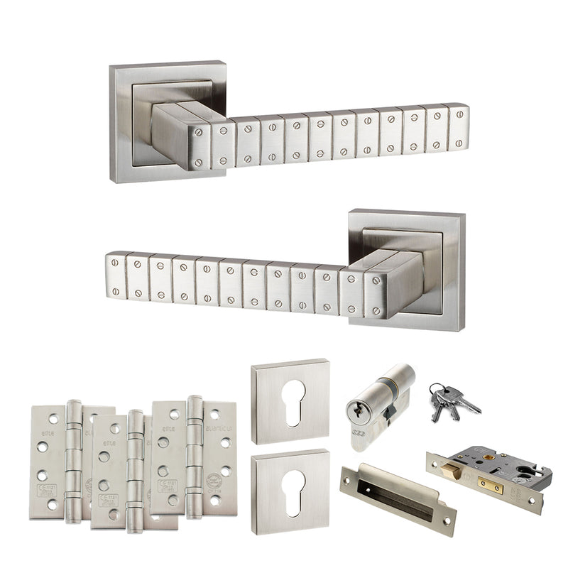 Senza Pari Bianca Door Handle Pack (Euro Lock Set - 3" CE Sashlock, 4" Fire Rated Hinges x3) - Satin Nickel - ADPSPC193SN23 - Choice Handles