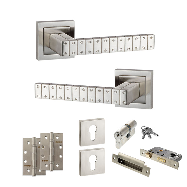 Senza Pari Bianca Door Handle Pack (Euro Lock Set - 2.5" CE Sashlock, 4" Slim Knuckle Hinges x2) - Satin Nickel - ADPSPC193SN24 - Choice Handles