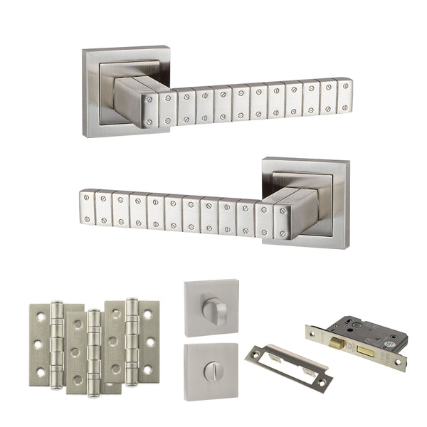 Senza Pari Bianca Door Handle Pack (Bathroom Set - 3" CE Bathroom Lock, 3" Fire Rated Hinges x3) - Satin Nickel - ADPSPC193SN9 - Choice Handles