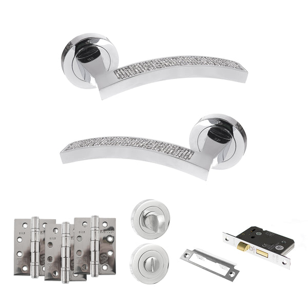 Senza Pari Crystal Door Handle Pack (Bathroom Set - 3" CE Bathroom Lock, 4" Fire Rated Hinges x3) - Polished Chrome - ADPSPM167CRCP11 - Choice Handles