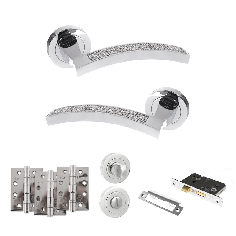 Senza Pari Crystal Door Handle Pack (Bathroom Set - 3" CE Bathroom Lock, 4" Fire Rated Hinges x3) - Polished Chrome - ADPSPM167CRCP11 - Choice Handles