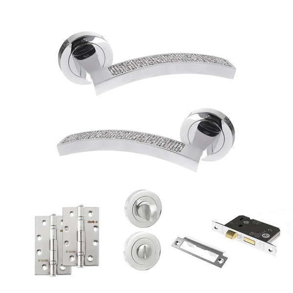 Senza Pari Crystal Door Handle Pack (Bathroom Set - 2.5" CE Bathroom Lock, 4" Slim Knuckle Hinges x2) - Polished Chrome - ADPSPM167CRCP12 - Choice Handles