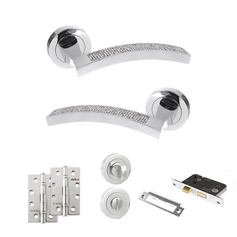 Senza Pari Crystal Door Handle Pack (Bathroom Set - 3" CE Bathroom Lock, 4" Slim Knuckle Hinges x2) - Polished Chrome - ADPSPM167CRCP13 - Choice Handles