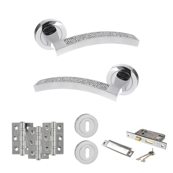 Senza Pari Crystal Door Handle Pack (3 Lever Lock Set - 2.5" CE Sashlock, 3" Fire Rated Hinges x3) - Polished Chrome - ADPSPM167CRCP14 - Choice Handles
