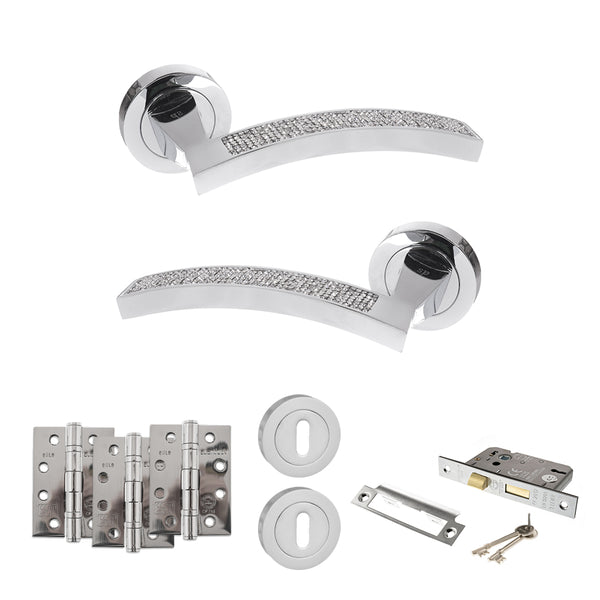 Senza Pari Crystal Door Handle Pack (3 Lever Lock Set - 2.5" CE Sashlock, 4" Fire Rated Hinges x3) - Polished Chrome - ADPSPM167CRCP16 - Choice Handles