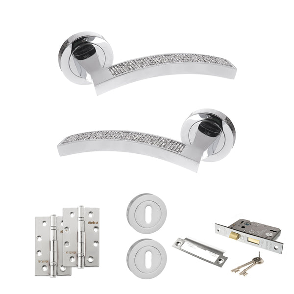 Senza Pari Crystal Door Handle Pack (3 Lever Lock Set - 2.5" CE Sashlock, 4" Slim Knuckle Hinges x2) - Polished Chrome - ADPSPM167CRCP18 - Choice Handles