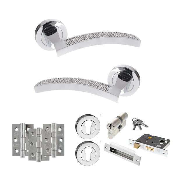 Senza Pari Crystal Door Handle Pack (Euro Lock Set - 3" CE Sashlock, 3" Fire Rated Hinges x3) - Polished Chrome - ADPSPM167CRCP21 - Choice Handles