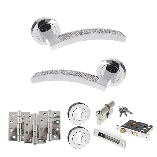 Senza Pari Crystal Door Handle Pack (Euro Lock Set - 3" CE Sashlock, 4" Fire Rated Hinges x3) - Polished Chrome - ADPSPM167CRCP23 - Choice Handles