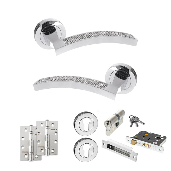 Senza Pari Crystal Door Handle Pack (Euro Lock Set - 3" CE Sashlock, 4" Slim Knuckle Hinges x2) - Polished Chrome - ADPSPM167CRCP25 - Choice Handles