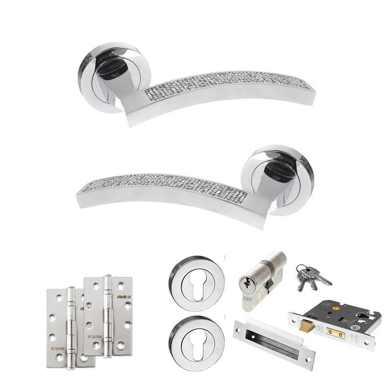 Senza Pari Crystal Door Handle Pack (Euro Lock Set - 3" CE Sashlock, 4" Slim Knuckle Hinges x2) - Polished Chrome - ADPSPM167CRCP25 - Choice Handles