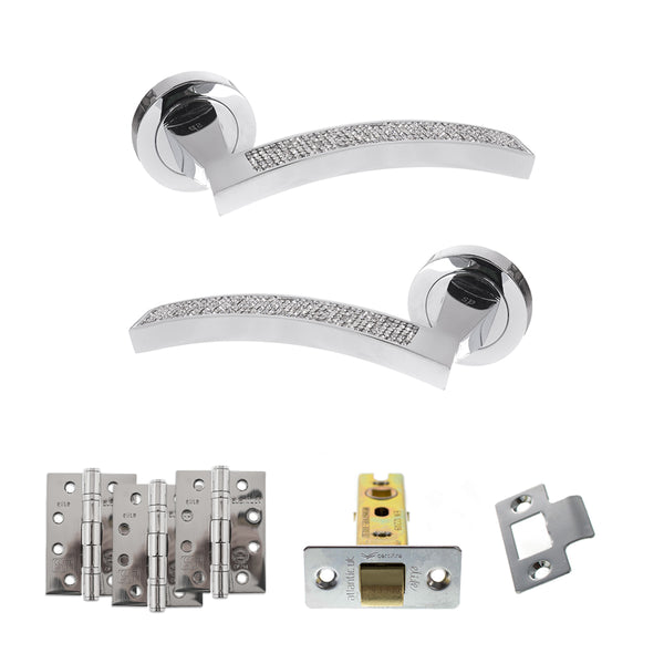 Senza Pari Crystal Door Handle Pack (Latch Set - 3" CE Latch, 4" Fire Rated Hinges x3) - Polished Chrome - ADPSPM167CRCP4 - Choice Handles