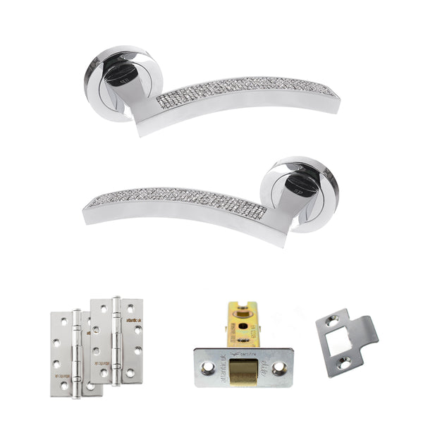 Senza Pari Crystal Door Handle Pack (Latch Set - 2.5" CE Latch, 4" Slim Knuckle Hinges x2) - Polished Chrome - ADPSPM167CRCP5 - Choice Handles