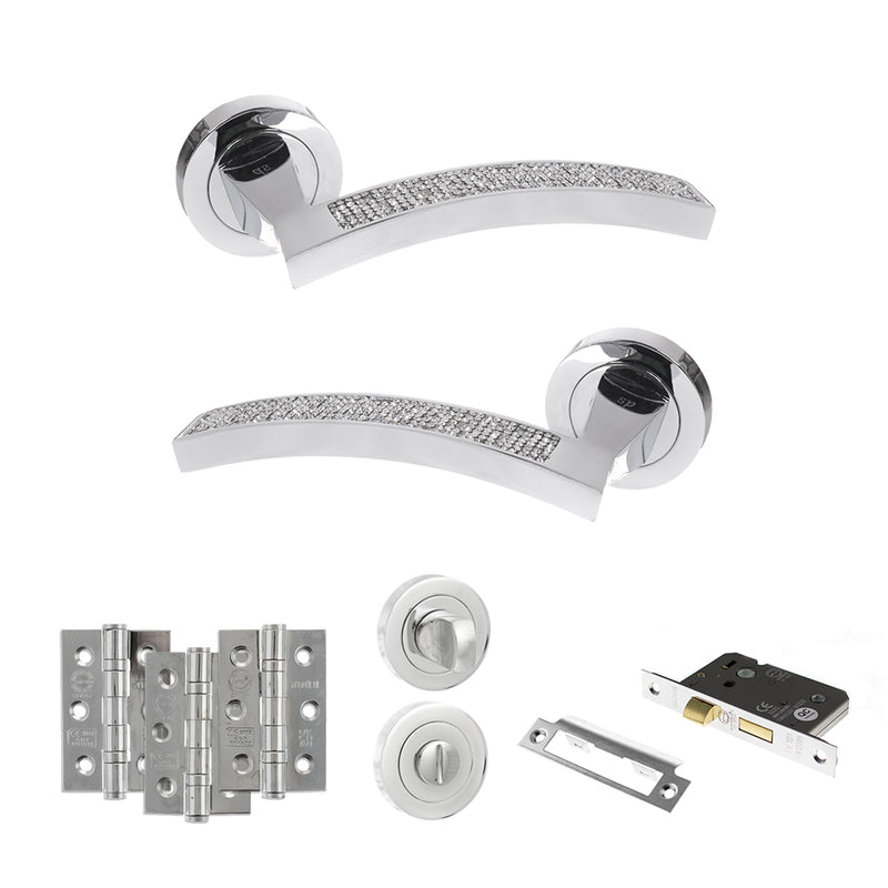Senza Pari Crystal Door Handle Pack (Bathroom Set - 2.5" CE Bathroom Lock, 3" Fire Rated Hinges x3) - Polished Chrome - ADPSPM167CRCP8 - Choice Handles