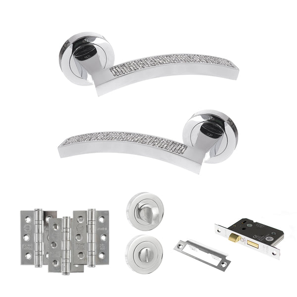 Senza Pari Crystal Door Handle Pack (Bathroom Set - 3" CE Bathroom Lock, 3" Fire Rated Hinges x3) - Polished Chrome - ADPSPM167CRCP9 - Choice Handles