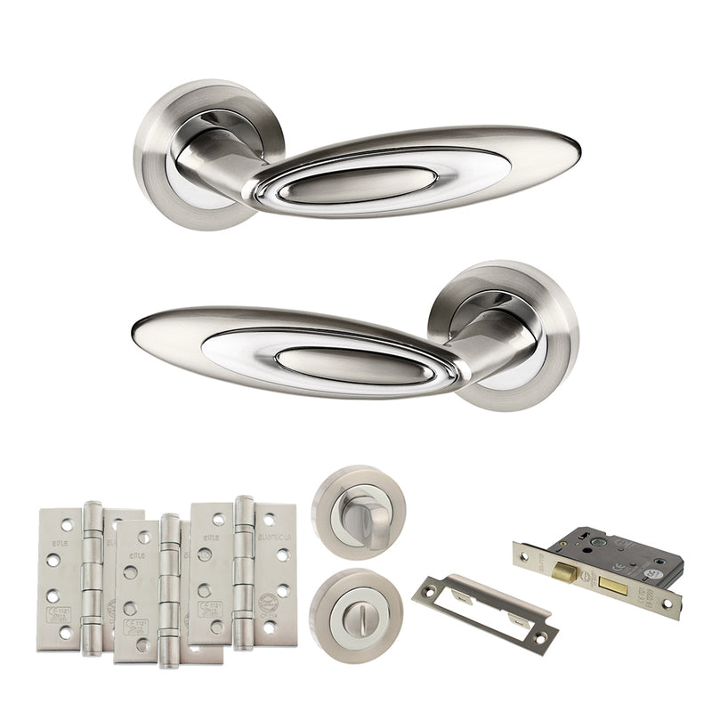 Senza Pari Elisse Door Handle Pack (Bathroom Set - 3" CE Bathroom Lock, 4" Fire Rated Hinges x3) - Satin Nickel/Chrome Plate - ADPSPM222SNCP11 - Choice Handles