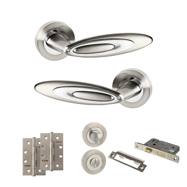 Senza Pari Elisse Door Handle Pack (Bathroom Set - 3" CE Bathroom Lock, 4" Slim Knuckle Hinges x2) - Satin Nickel/Chrome Plate - ADPSPM222SNCP13 - Choice Handles