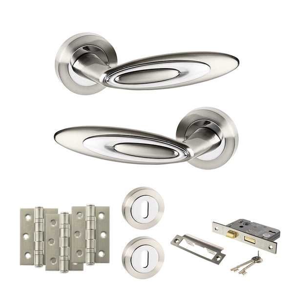 Senza Pari Elisse Door Handle Pack (3 Lever Lock Set - 3" CE Sashlock, 3" Fire Rated Hinges x3) - Satin Nickel/Chrome Plate - ADPSPM222SNCP15 - Choice Handles