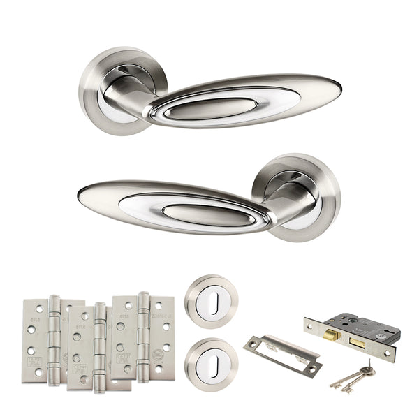 Senza Pari Elisse Door Handle Pack (3 Lever Lock Set - 3" CE Sashlock, 4" Fire Rated Hinges x3) - Satin Nickel/Chrome Plate - ADPSPM222SNCP17 - Choice Handles