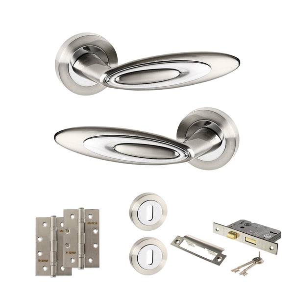 Senza Pari Elisse Door Handle Pack (3 Lever Lock Set - 3" CE Sashlock, 4" Slim Knuckle Hinges x2) - Satin Nickel/Chrome Plate - ADPSPM222SNCP19 - Choice Handles