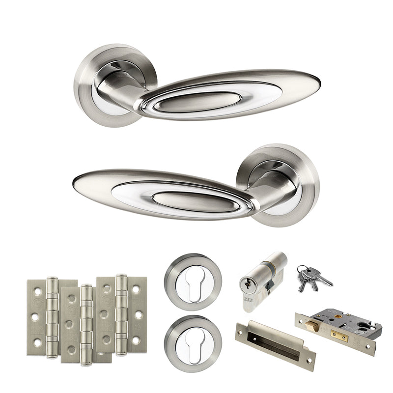 Senza Pari Elisse Door Handle Pack (Euro Lock Set - 2.5" CE Sashlock, 3" Fire Rated Hinges x3) - Satin Nickel/Chrome Plate - ADPSPM222SNCP20 - Choice Handles
