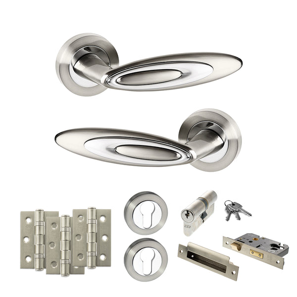 Senza Pari Elisse Door Handle Pack (Euro Lock Set - 3" CE Sashlock, 3" Fire Rated Hinges x3) - Satin Nickel/Chrome Plate - ADPSPM222SNCP21 - Choice Handles