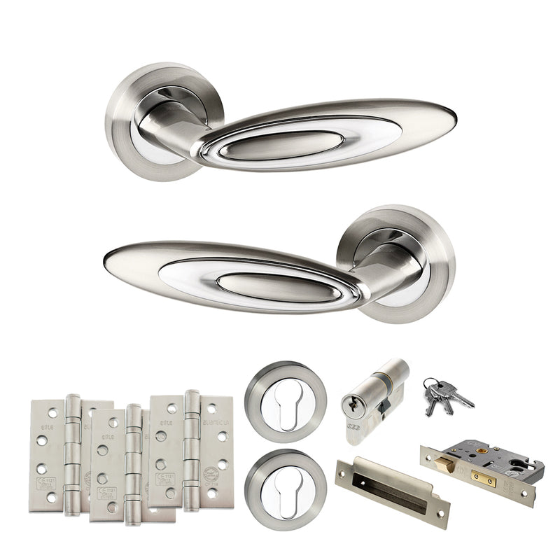 Senza Pari Elisse Door Handle Pack (Euro Lock Set - 2.5" CE Sashlock, 4" Fire Rated Hinges x3) - Satin Nickel/Chrome Plate - ADPSPM222SNCP22 - Choice Handles