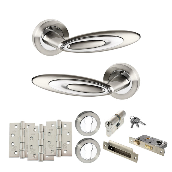 Senza Pari Elisse Door Handle Pack (Euro Lock Set - 3" CE Sashlock, 4" Fire Rated Hinges x3) - Satin Nickel/Chrome Plate - ADPSPM222SNCP23 - Choice Handles