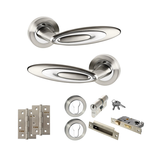 Senza Pari Elisse Door Handle Pack (Euro Lock Set - 2.5" CE Sashlock, 4" Slim Knuckle Hinges x2) - Satin Nickel/Chrome Plate - ADPSPM222SNCP24 - Choice Handles