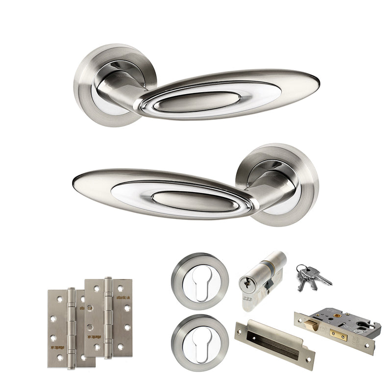 Senza Pari Elisse Door Handle Pack (Euro Lock Set - 2.5" CE Sashlock, 4" Slim Knuckle Hinges x2) - Satin Nickel/Chrome Plate - ADPSPM222SNCP24 - Choice Handles
