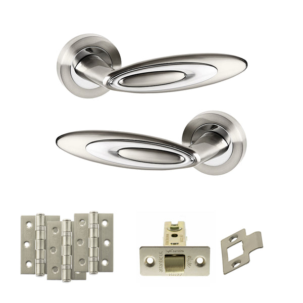 Senza Pari Elisse Door Handle Pack (Latch Set - 3" CE Latch, 3" Fire Rated Hinges x3) - Satin Nickel/Chrome Plate - ADPSPM222SNCP2 - Choice Handles