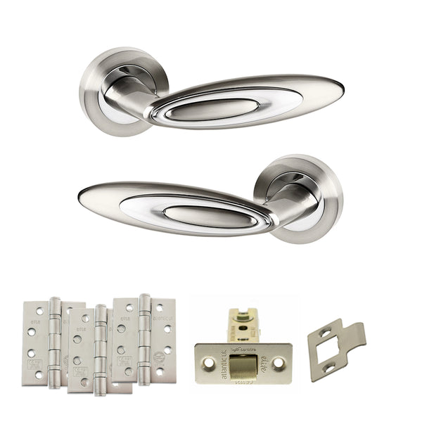 Senza Pari Elisse Door Handle Pack (Latch Set - 3" CE Latch, 4" Fire Rated Hinges x3) - Satin Nickel/Chrome Plate - ADPSPM222SNCP4 - Choice Handles