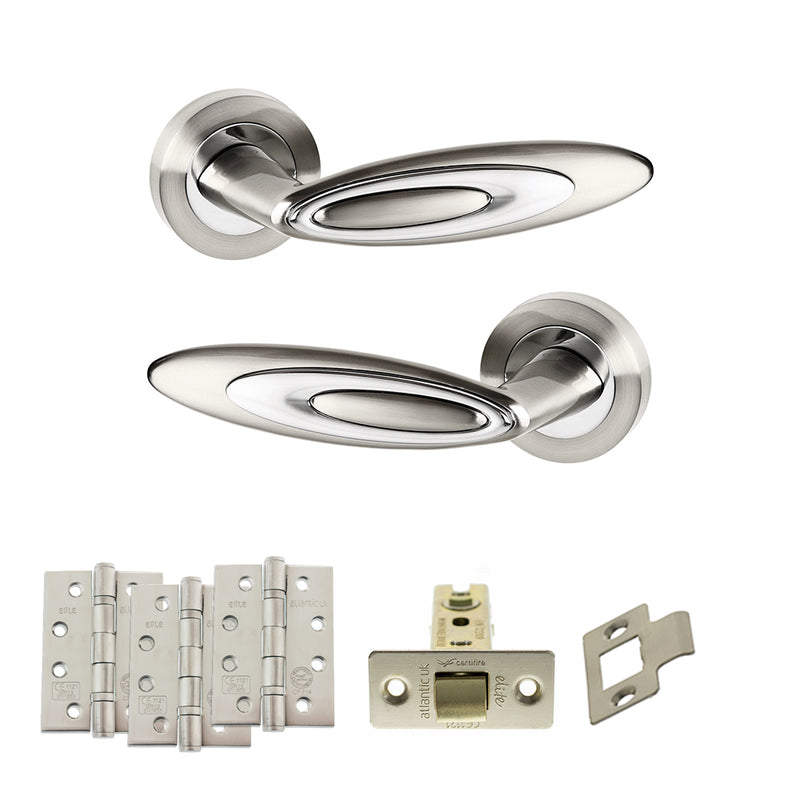 Senza Pari Elisse Door Handle Pack (Latch Set - 3" CE Latch, 4" Fire Rated Hinges x3) - Satin Nickel/Chrome Plate - ADPSPM222SNCP4 - Choice Handles