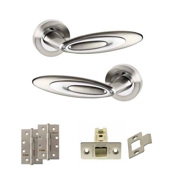 Senza Pari Elisse Door Handle Pack (Latch Set - 2.5" CE Latch, 4" Slim Knuckle Hinges x2) - Satin Nickel/Chrome Plate - ADPSPM222SNCP5 - Choice Handles